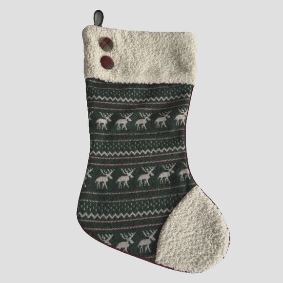 Christmas Stocking Hunter Green Fair Isle Sweater Style Deer Woodland Fuzzy - Picture 1 of 5